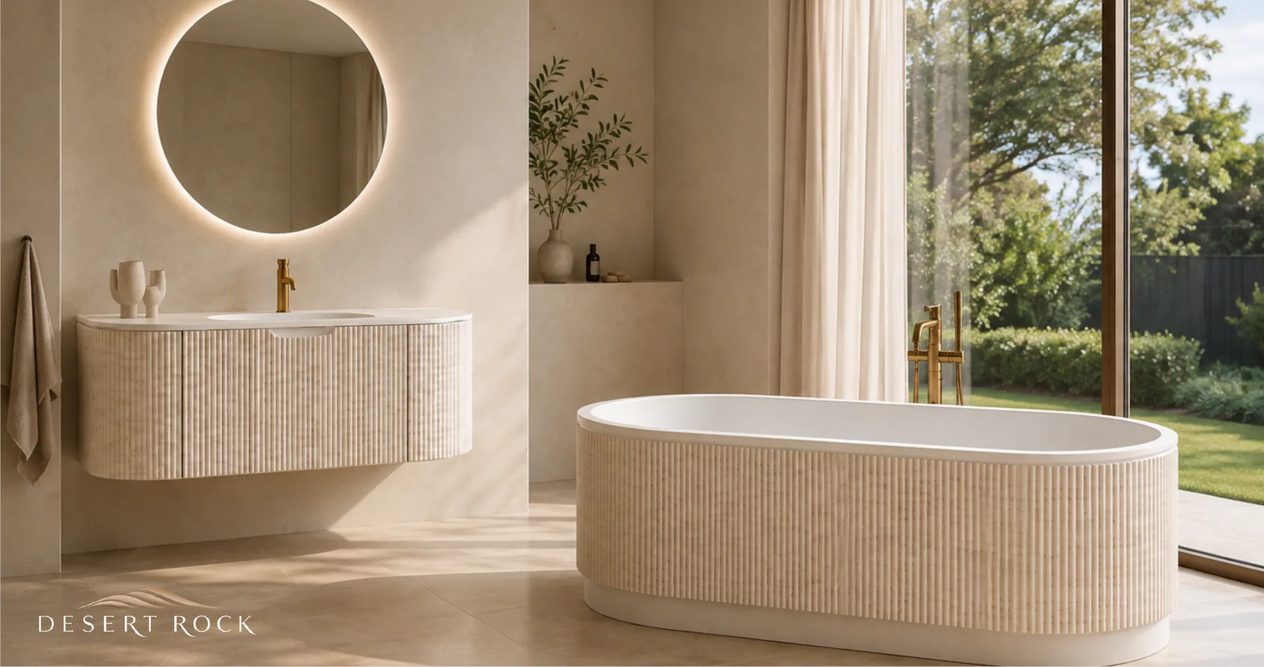 Desert Rock fluted stone bath and vanity in a light bathroom opening to a garden